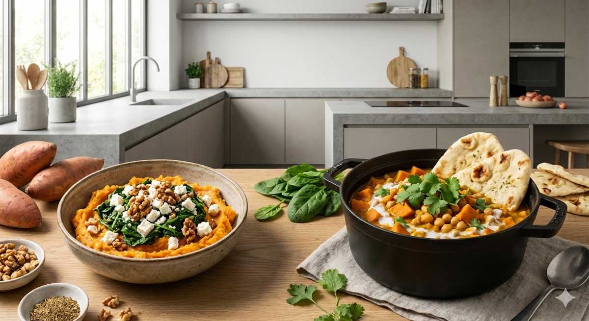 Zoete-aardappel stamppot met spinazie