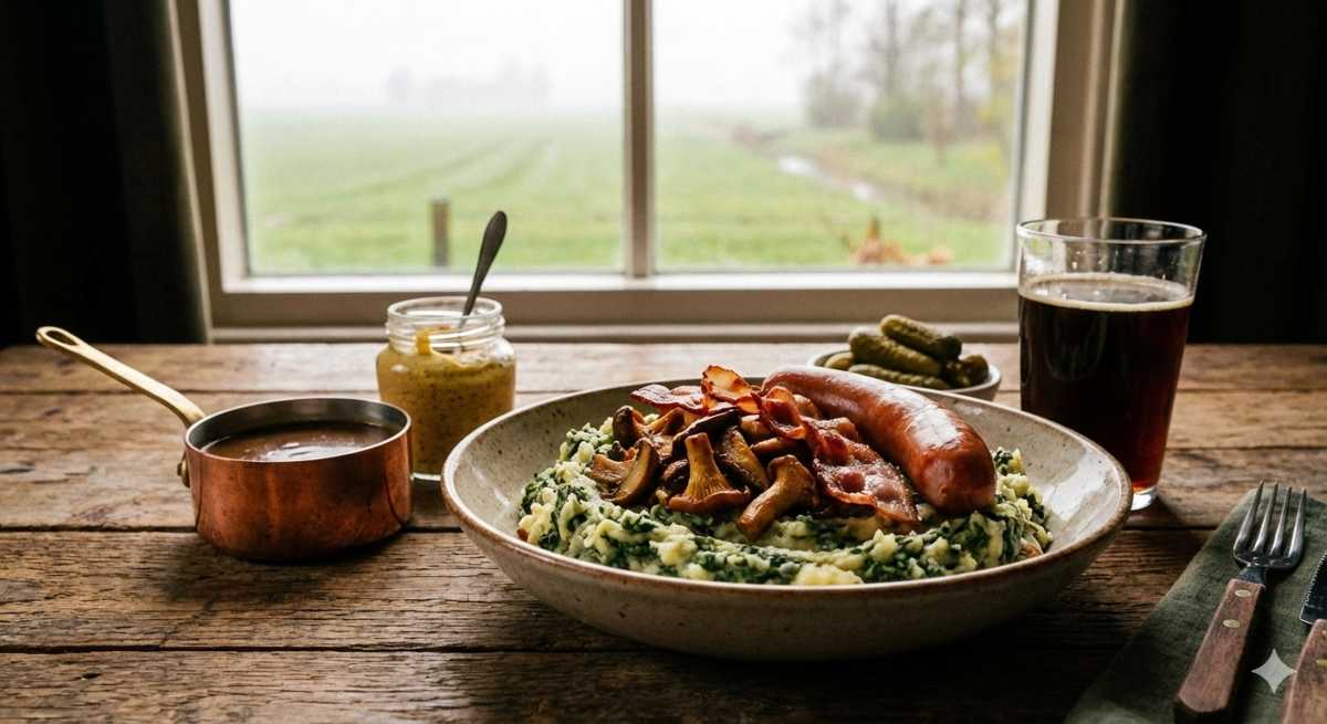 boerenkoolstamppot met champignons spek worst