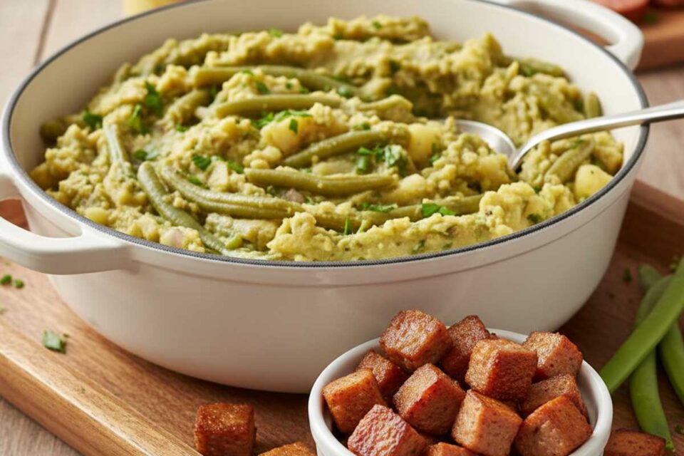 Stamppot sperzieboontjes met rookworstcroutons