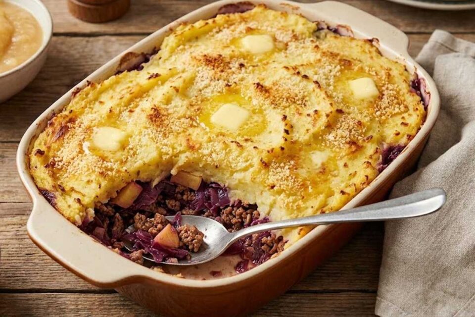 rodekoolschotel met gestampte aardappelen