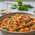 zoete-aardappelstamppot met rode linzen en spinazie