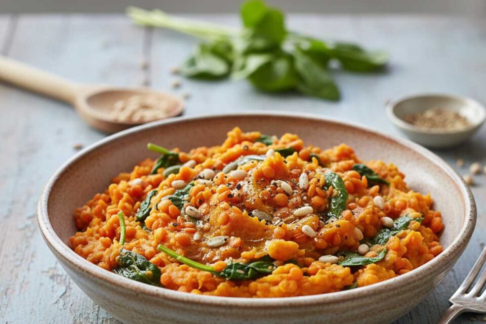 zoete-aardappelstamppot met rode linzen en spinazie